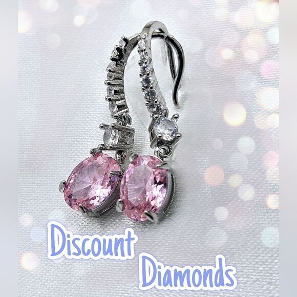 Oval Cut Pink Diamond Earrings with Clear White Baguette Diamond… - Picture 3 of 7